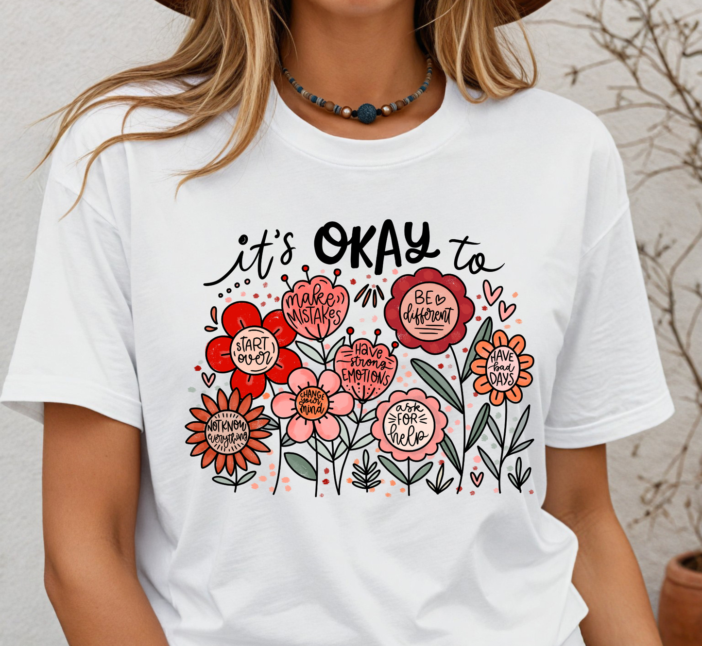 It's Okay To... Self-Kindness Boho Floral Tee, Inspirational T-Shirt