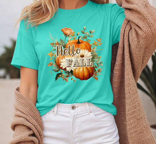 Hello Fall Floral Pumpkin T-Shirt, Women's Fall Flower Tee, Fall Flowers Shirt, Fall Love, Autumn Love, Fall Lover, Autumn Lover