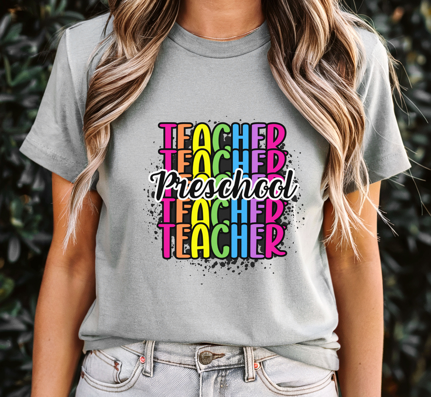 Preschool Teacher Rainbow Paint Splatter Tee, Pre-K Teacher T-Shirt, Grade Level Tee, Teacher Gift