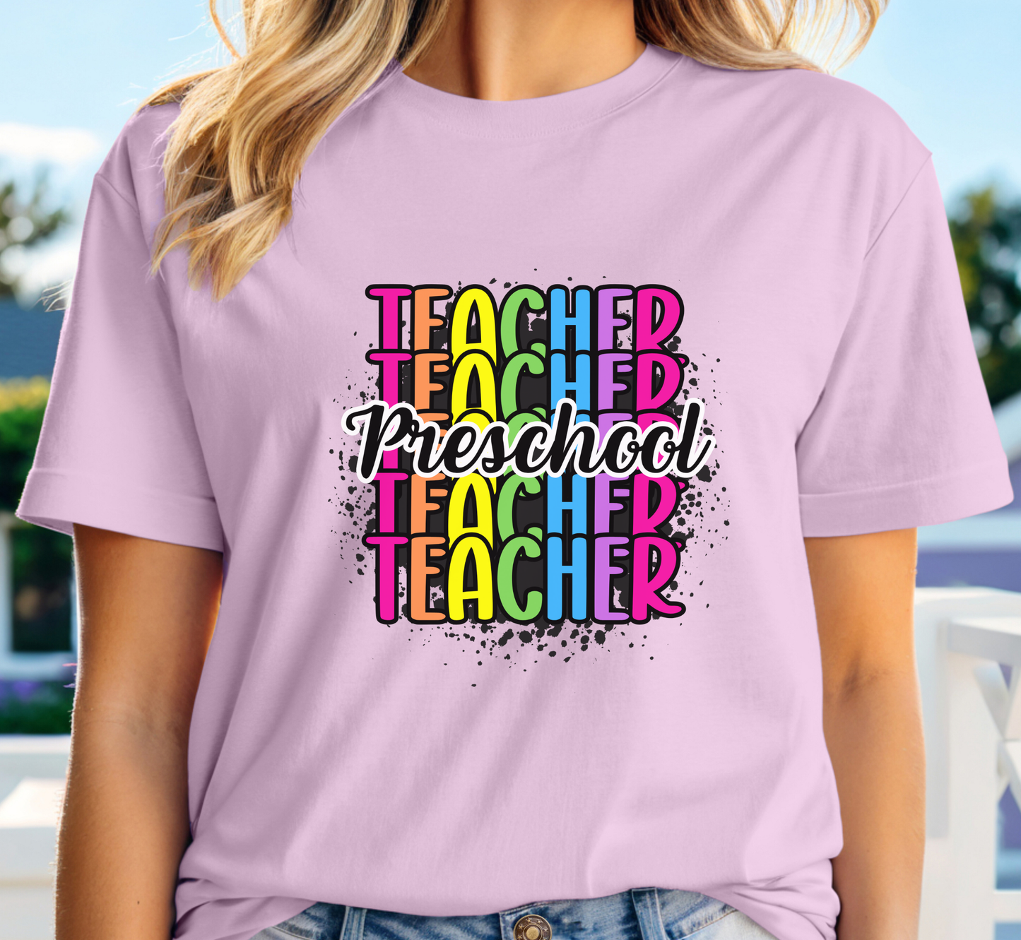 Preschool Teacher Rainbow Paint Splatter Tee, Pre-K Teacher T-Shirt, Grade Level Tee, Teacher Gift