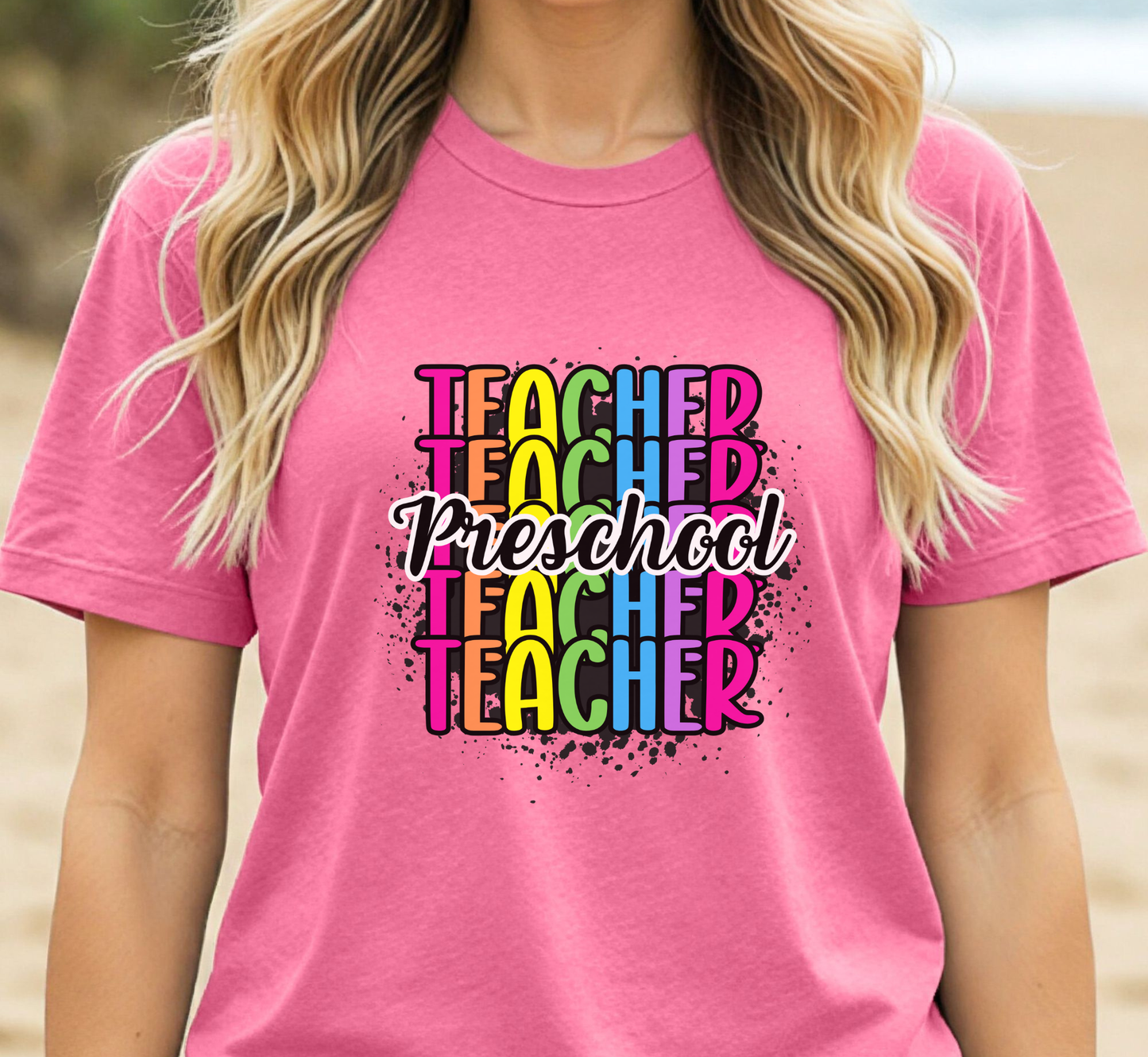 Preschool Teacher Rainbow Paint Splatter Tee, Pre-K Teacher T-Shirt, Grade Level Tee, Teacher Gift