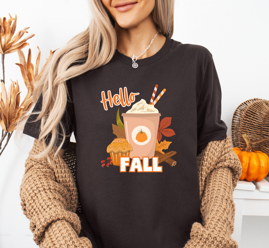 Hello Fall Pumpkin Spice Coffee T-Shirt, Women's Fall Tee, Ladies Autumn Shirt, Fall Lover, Autumn Lover, Coffee Lover