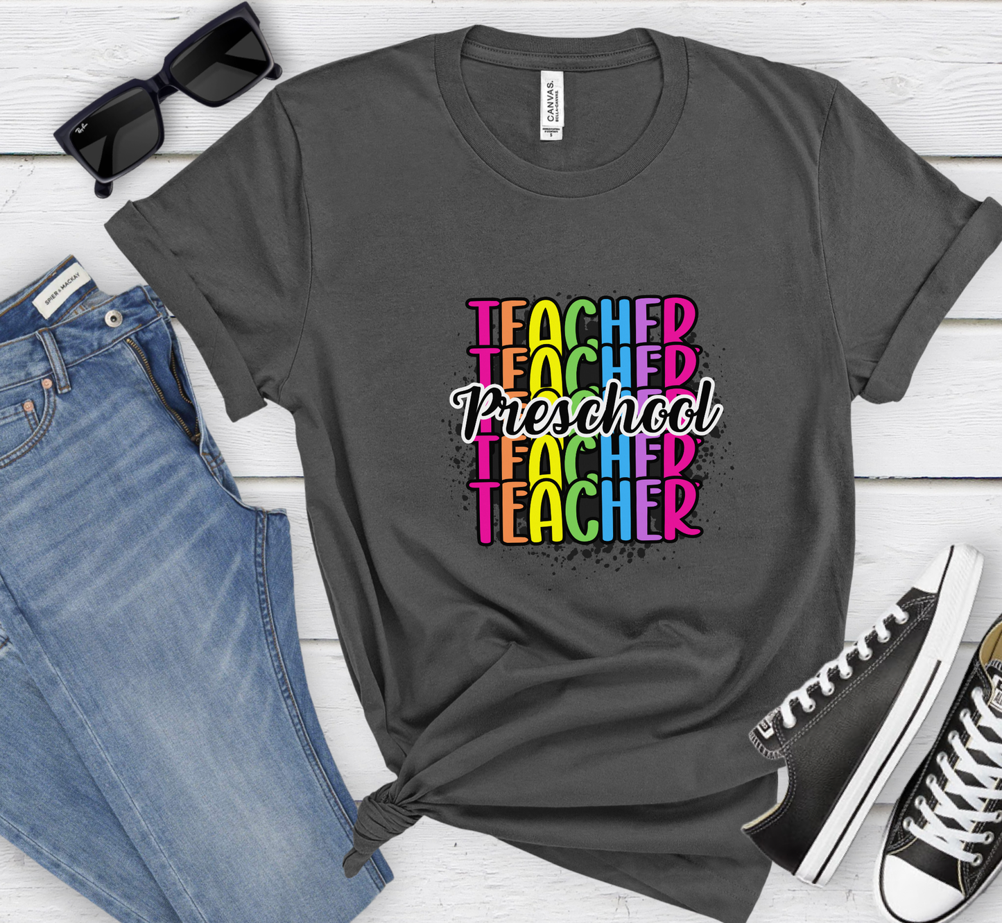 Preschool Teacher Rainbow Paint Splatter Tee, Pre-K Teacher T-Shirt, Grade Level Tee, Teacher Gift