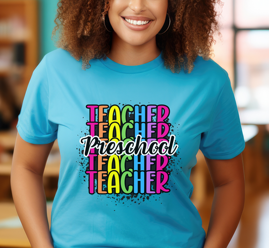 Preschool Teacher Rainbow Paint Splatter Tee, Pre-K Teacher T-Shirt, Grade Level Tee, Teacher Gift
