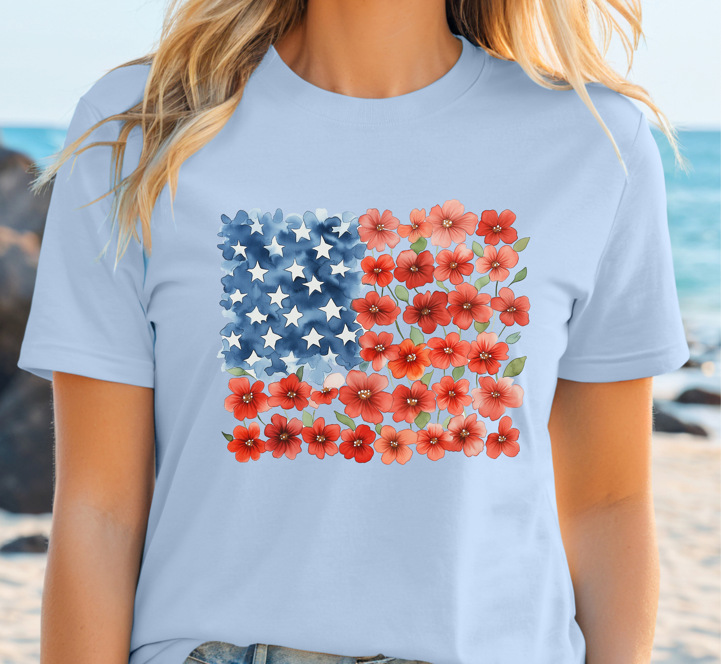Patriotic Red Flower Striped Tee, Floral American Flag T-Shirt, 4th of July Shirt