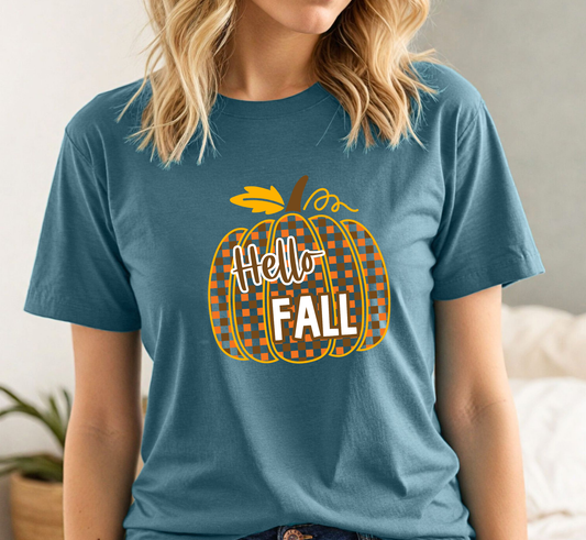 Hello Fall Checkered Pumpkin T-Shirt, Women's Fall Tee, Ladies Autumn Shirt, Fall Lover T-Shirt, Autumn Lover T-Shirt