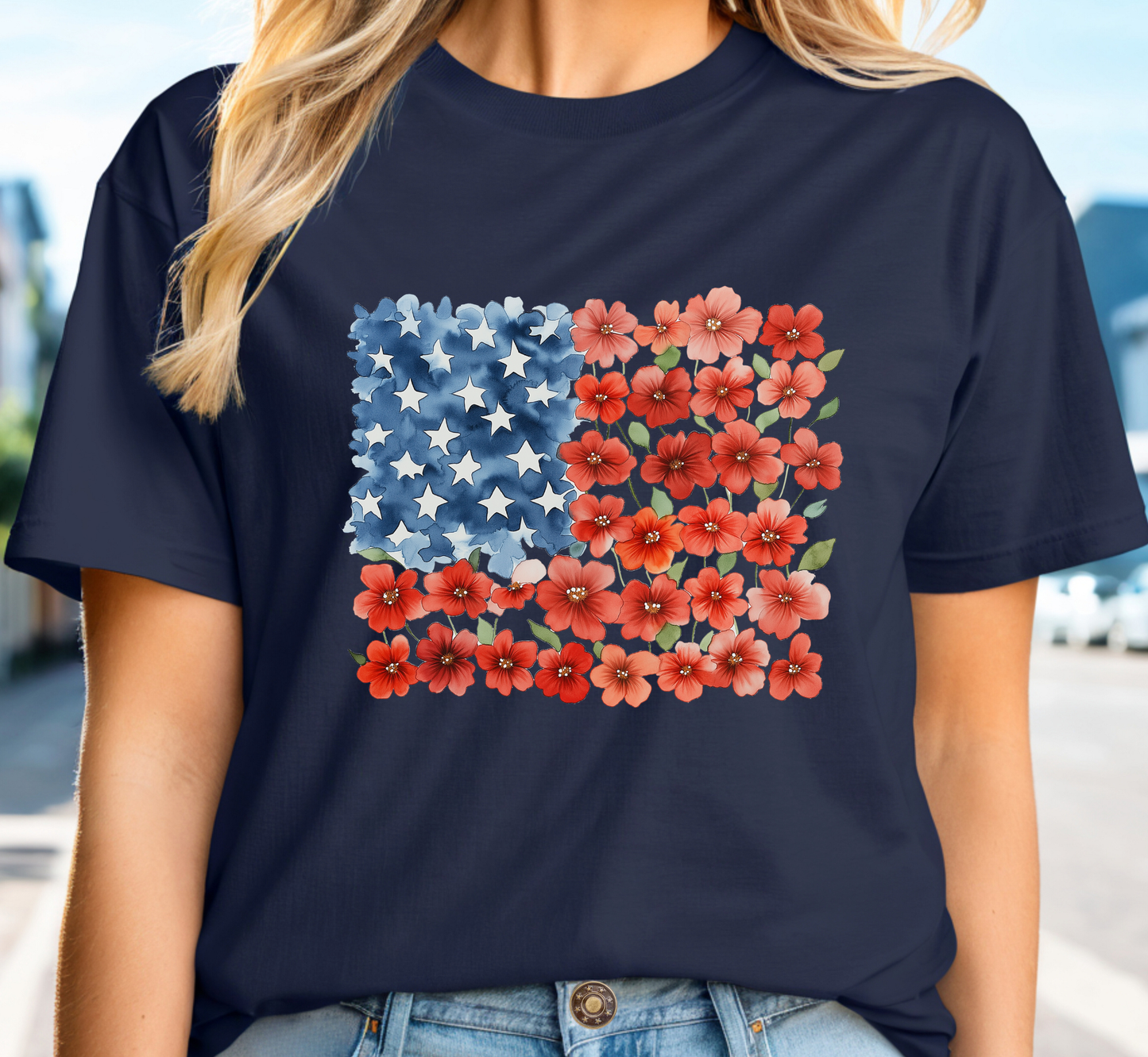 Patriotic Red Flower Striped Tee, Floral American Flag T-Shirt, 4th of July Shirt