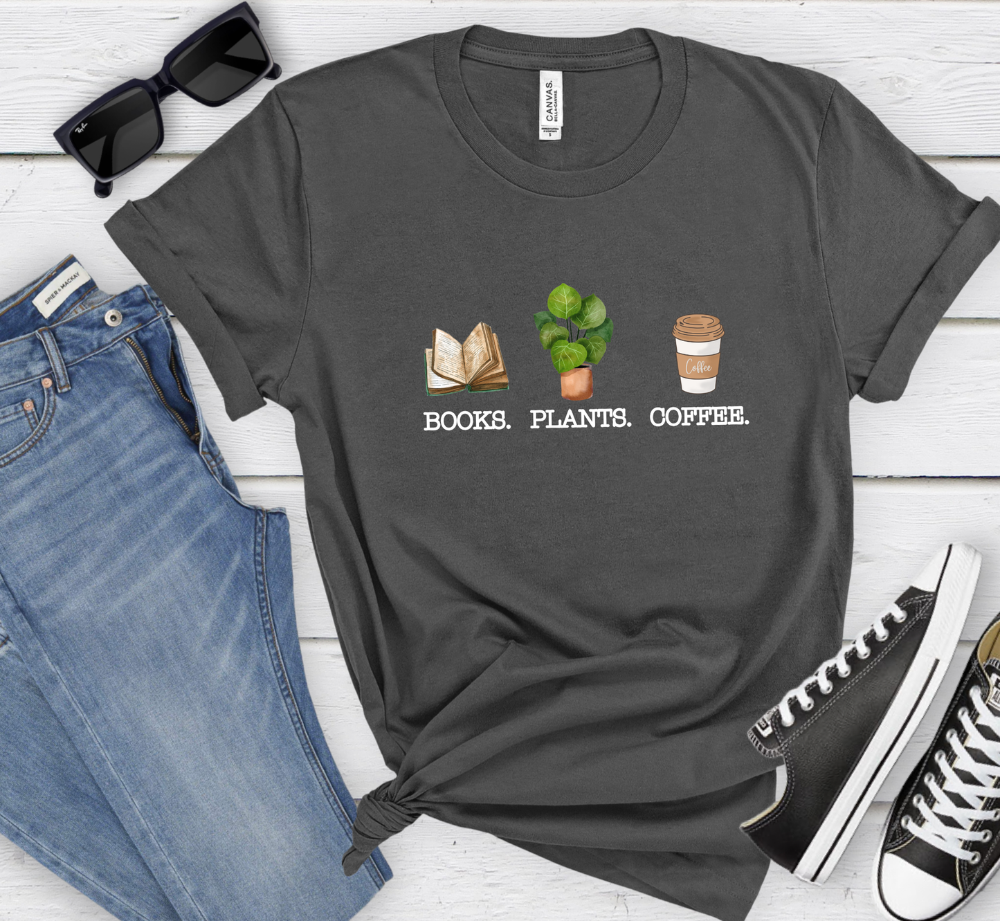 Books Plants Coffee T-Shirt, Book Lover Tee, Plant Lover Shirt, Coffee Lover Tee
