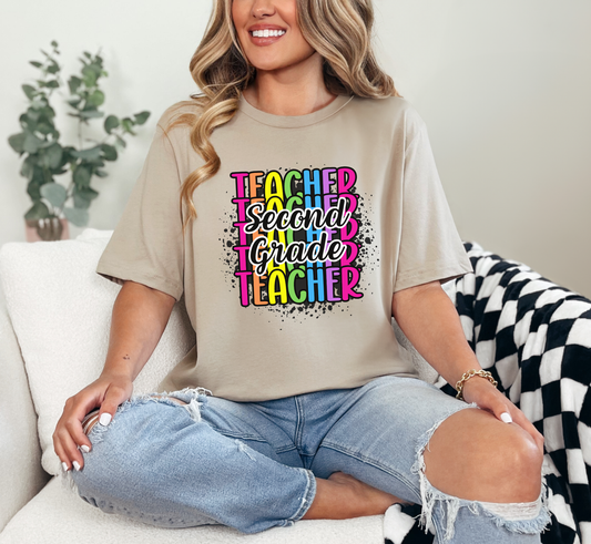 Second Grade Teacher Rainbow Paint Splatter T-Shirt, 2nd Grade Teacher Tee, Grade Level Tee, Teacher Gift