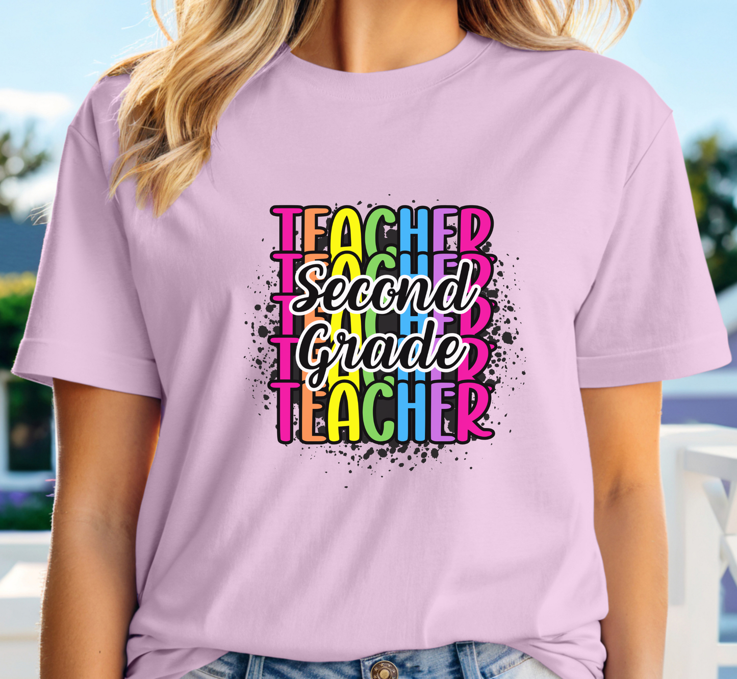 Second Grade Teacher Rainbow Paint Splatter T-Shirt, 2nd Grade Teacher Tee, Grade Level Tee, Teacher Gift