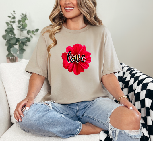 Red Zinnia Love T-Shirt, Red Flower Love Tee