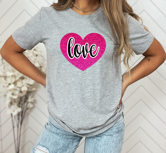 Fuchsia Glitter Heart Love T-Shirt, Women's Valentine's Day Tee, Valentine T-Shirt