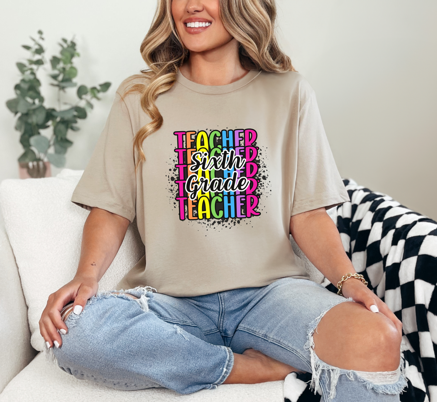 Sixth Grade Teacher Rainbow Paint Splatter T-Shirt, 6th Grade Teacher Tee, Grade Level Tee, Teacher Gift
