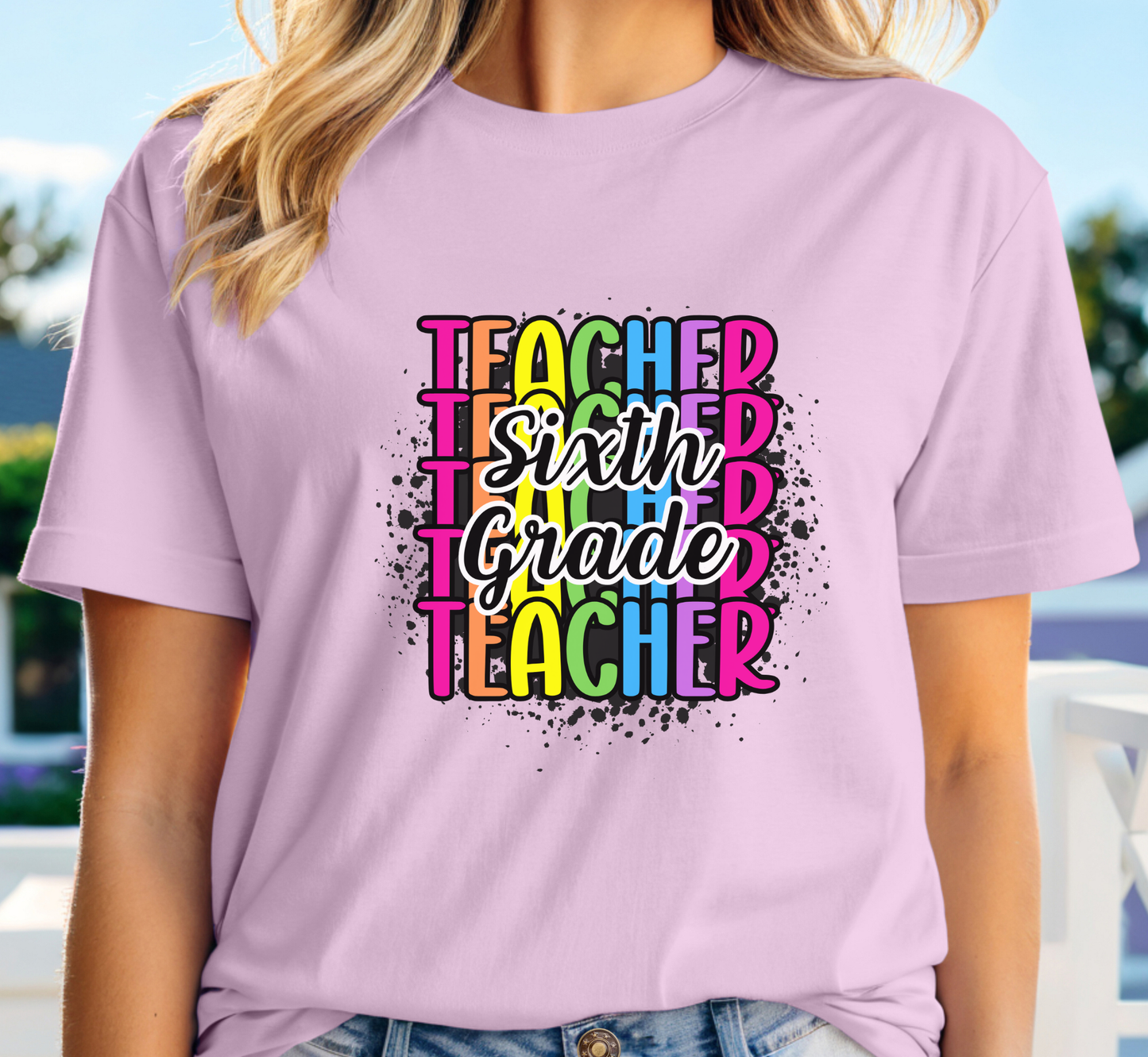 Sixth Grade Teacher Rainbow Paint Splatter T-Shirt, 6th Grade Teacher Tee, Grade Level Tee, Teacher Gift