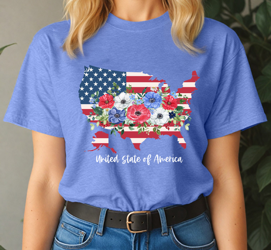 Floral United States of America Tee, Floral American Flag T-Shirt, 4th of July Shirt