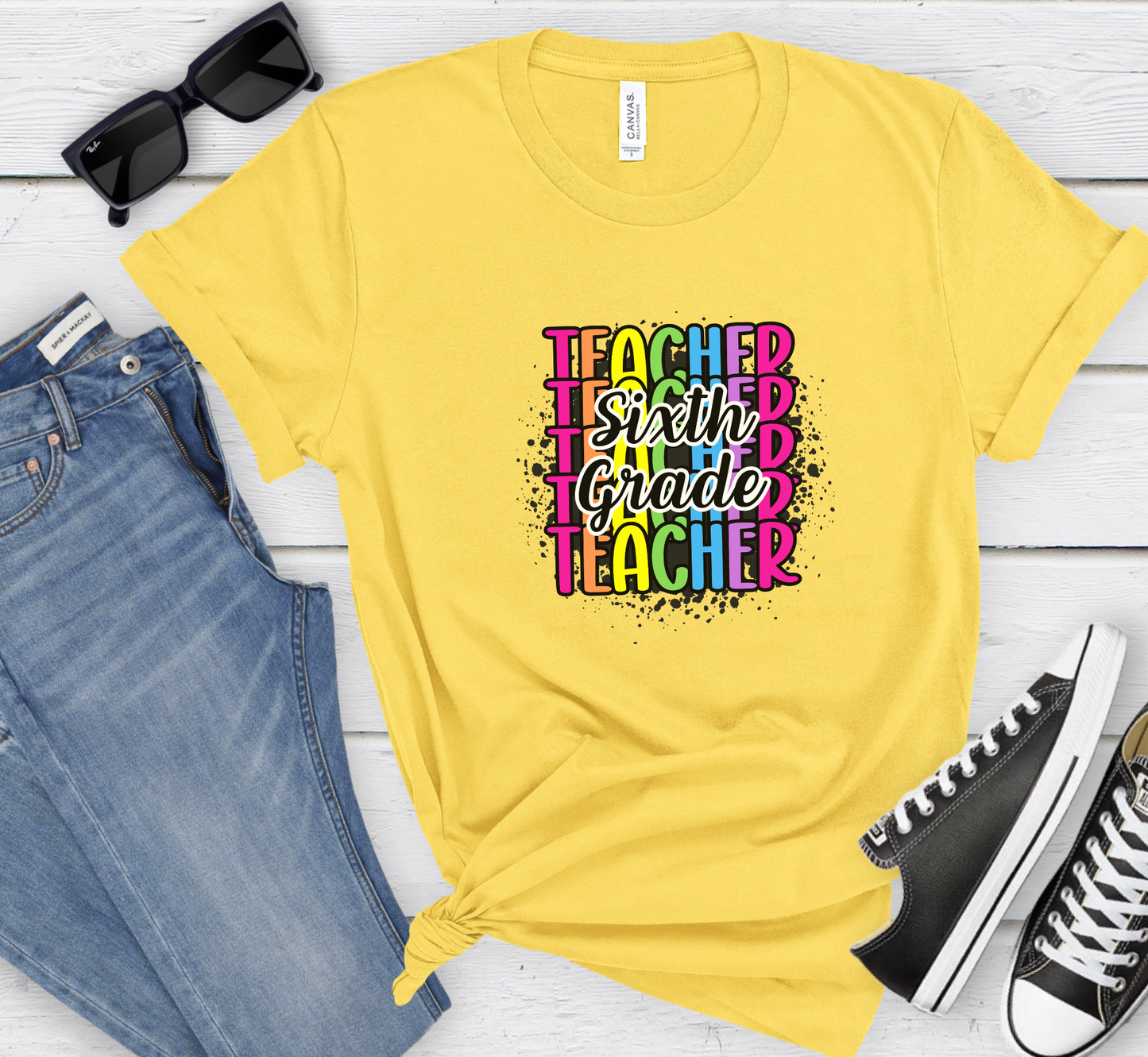 Sixth Grade Teacher Rainbow Paint Splatter T-Shirt, 6th Grade Teacher Tee, Grade Level Tee, Teacher Gift