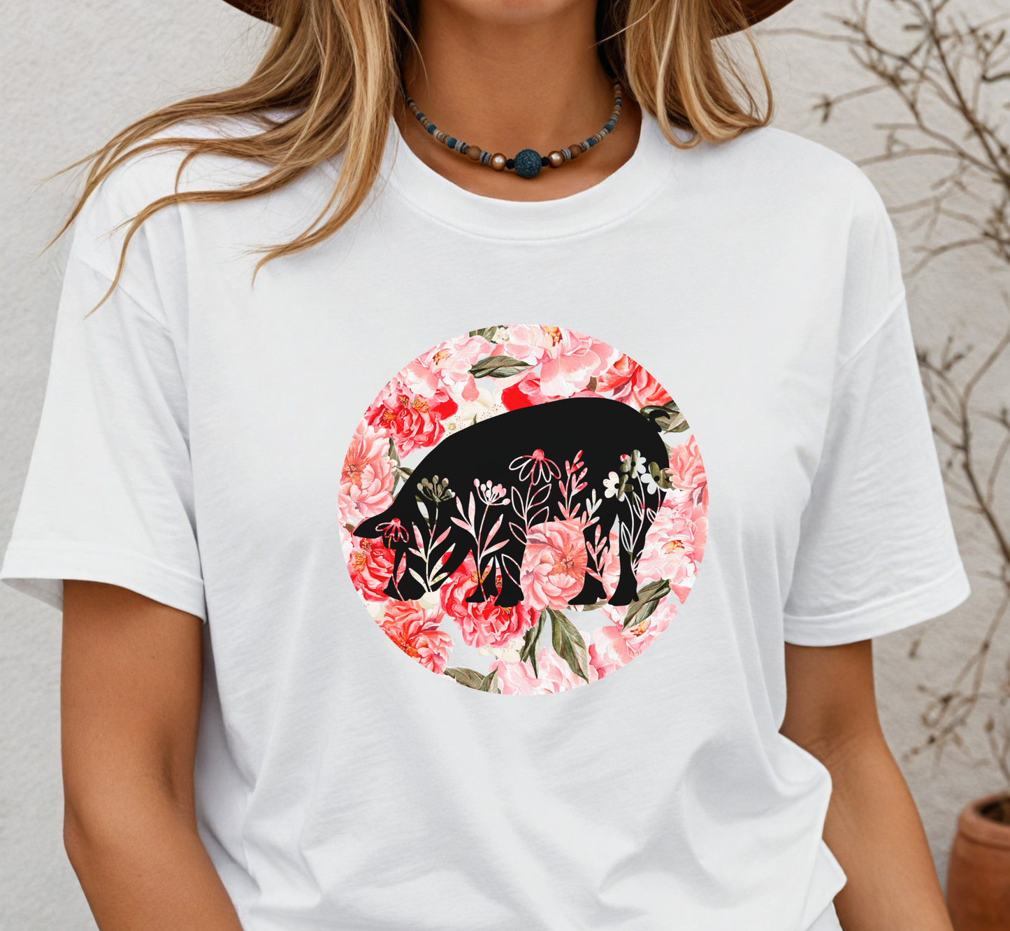 Floral Pig Silhouette T-Shirt, Piggy Lover Tee, Farm Animal Tee