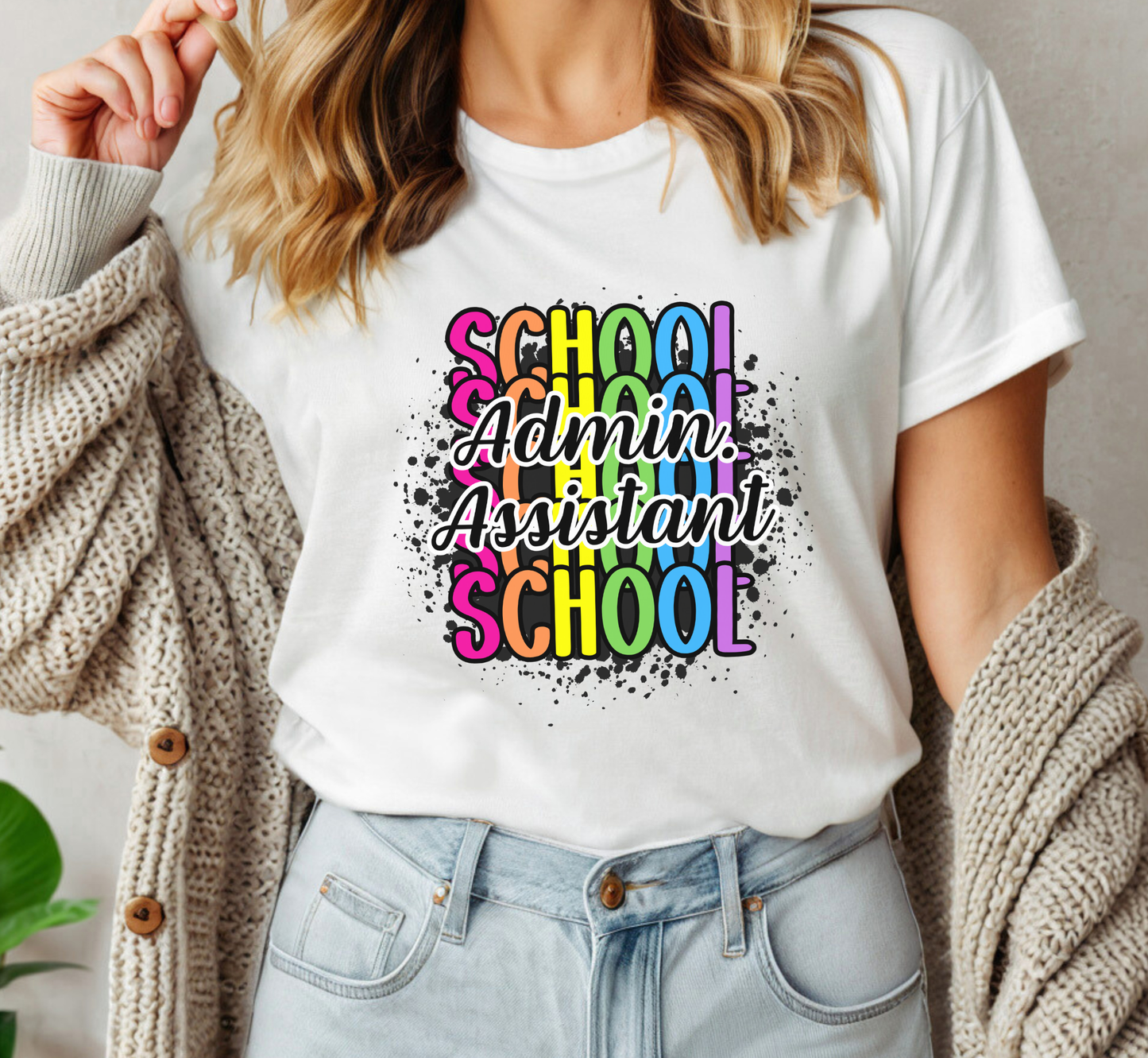 School Administrative Assistant T-Shirt, Rainbow Paint Splatter Tee,  Admin Assistant Day Gift