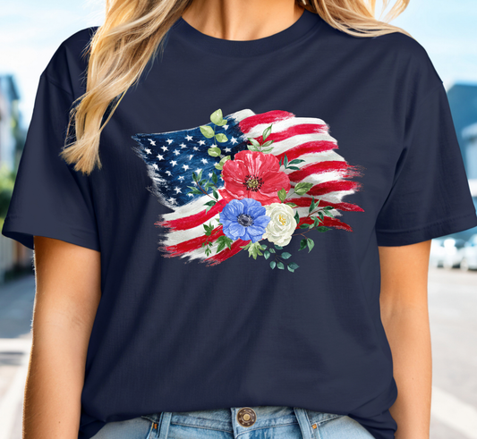 Floral U.S. Flag Tee, Floral American Flag T-Shirt, 4th of July Shirt