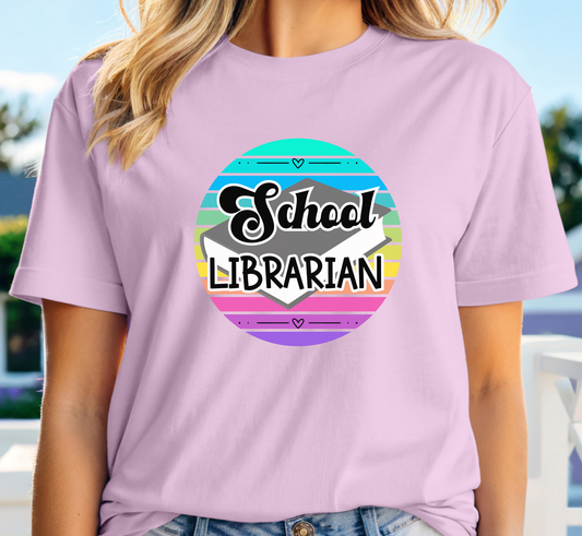Retro Rainbow School Librarian Tee, Elementary School Librarian T-Shirt, K-12, Middle School, High School