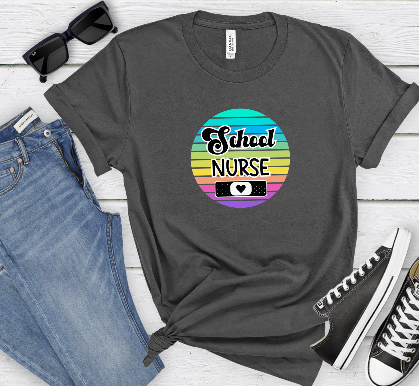 Retro Rainbow School Nurse Tee, Elementary School Nurse, Middle School, High School, K-12