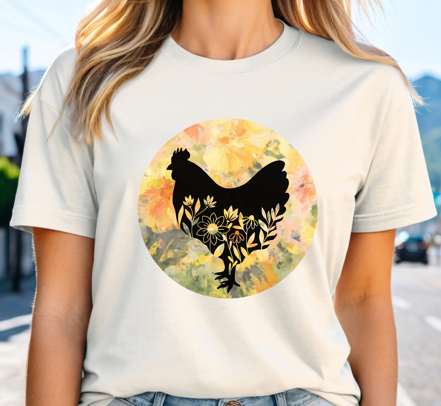 Floral Chicken Silhouette T-Shirt, Chicken Lover Tee, Flower Lover