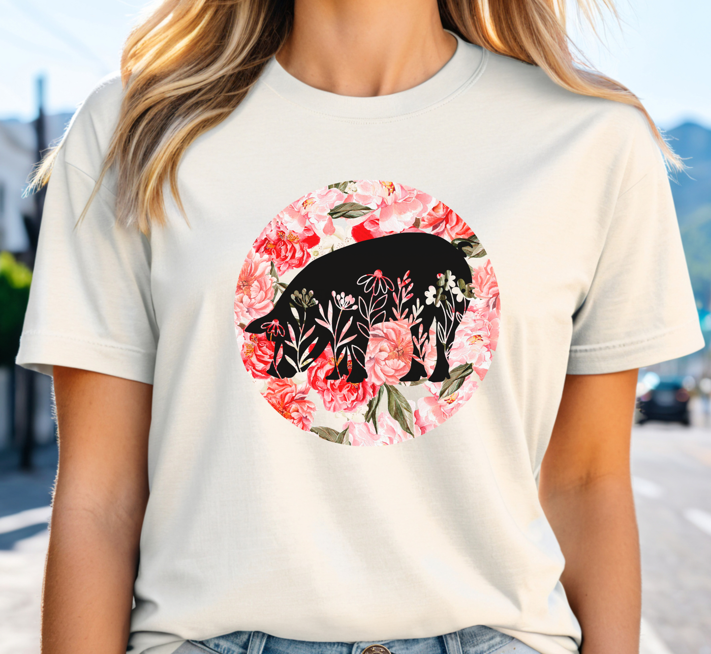 Floral Pig Silhouette T-Shirt, Piggy Lover Tee, Farm Animal Tee