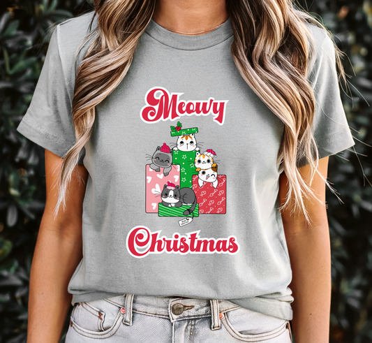 Meowy Christmas T-Shirt, Cute Cat Christmas Tee, Cat Lover Holiday Shirt, Xmas Cats, Funny Cat Tee