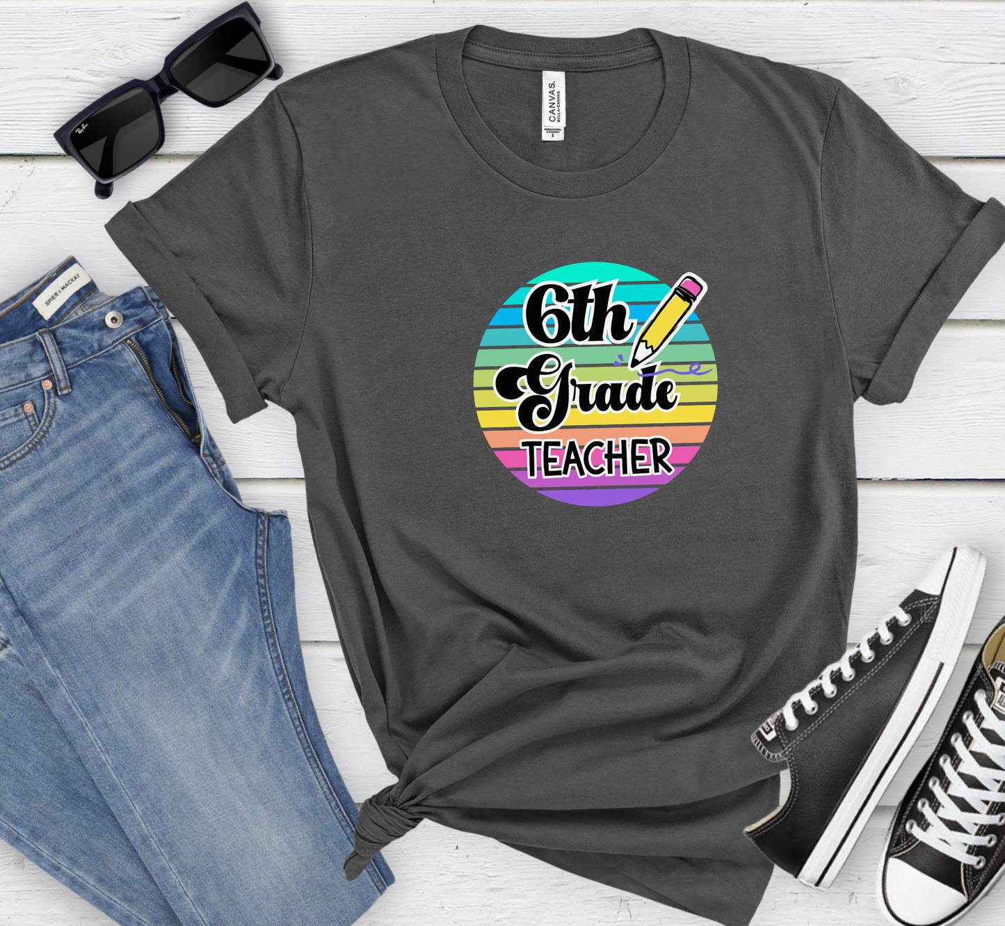 Retro Rainbow Sixth Grade Teacher Tee, 6th Grade Teacher T-Shirt