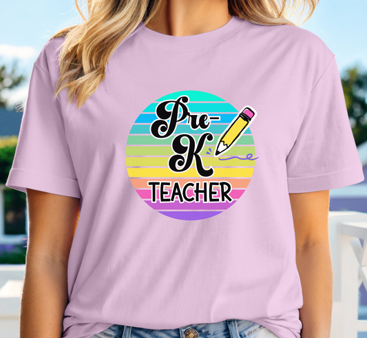 Retro Rainbow Pre-K Teacher Tee, Preschool Teacher T-Shirt