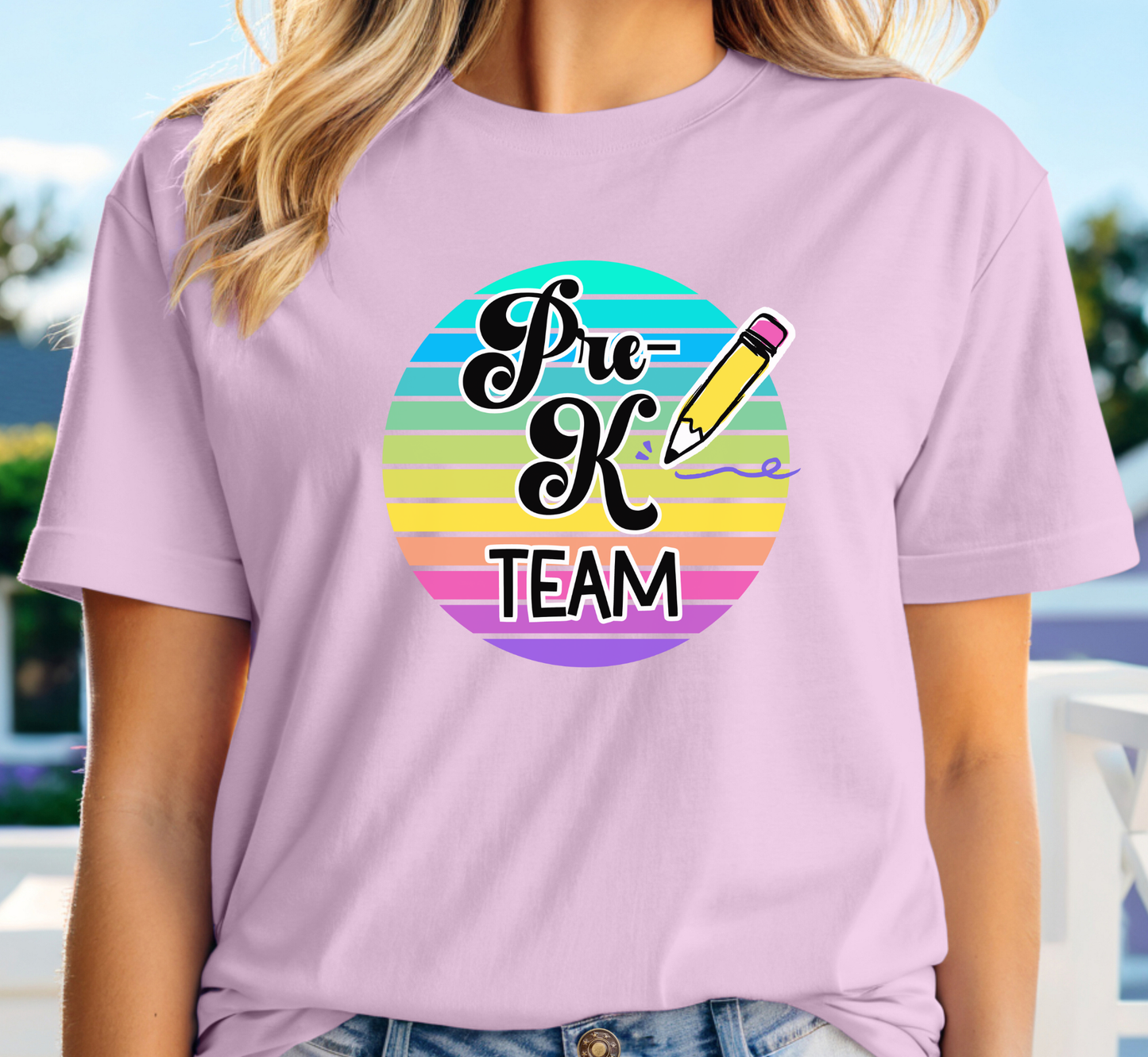 Retro Rainbow Pre-K Team Tee, Preschool Teacher Shirt, Grade Level Team T-Shirt