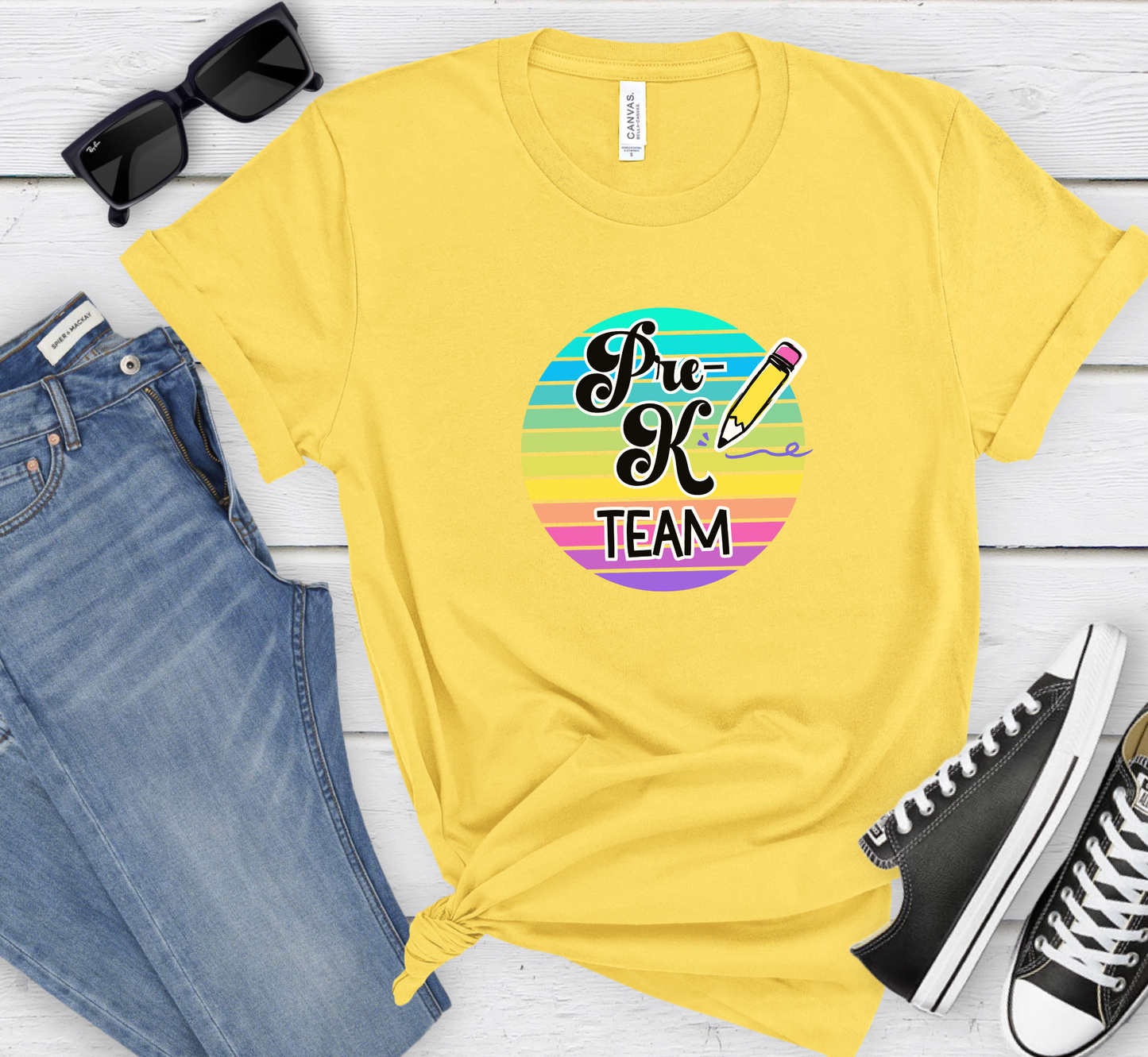 Retro Rainbow Pre-K Team Tee, Preschool Teacher Shirt, Grade Level Team T-Shirt