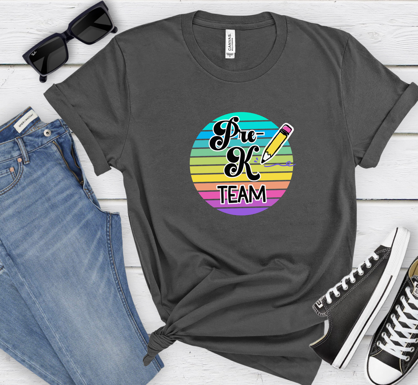 Retro Rainbow Pre-K Team Tee, Preschool Teacher Shirt, Grade Level Team T-Shirt