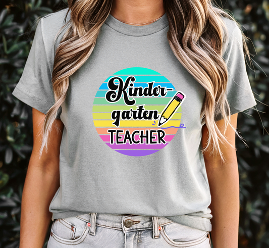 Retro Rainbow Kindergarten Teacher Tee, Kinder Teacher Shirt