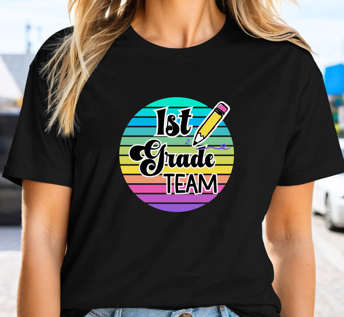 Retro Rainbow First Grade Team Tee, 1st Grade Teacher Shirt, Grade Level Team Tee