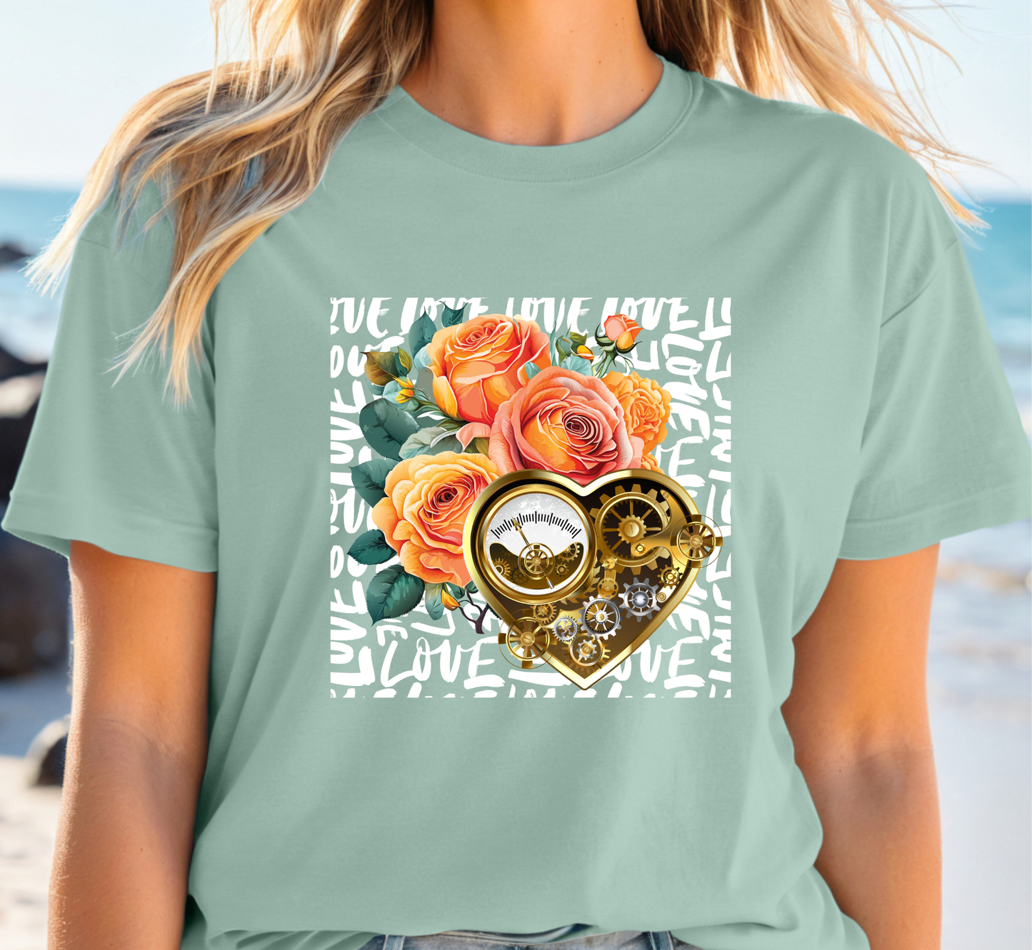 Gears of Love T-Shirt, Sunset Rose Steampunk Tee