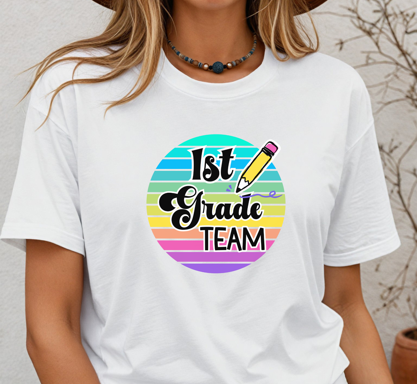 Retro Rainbow First Grade Team Tee, 1st Grade Teacher Shirt, Grade Level Team Tee