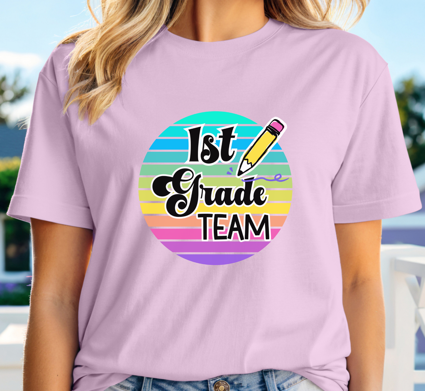 Retro Rainbow First Grade Team Tee, 1st Grade Teacher Shirt, Grade Level Team Tee