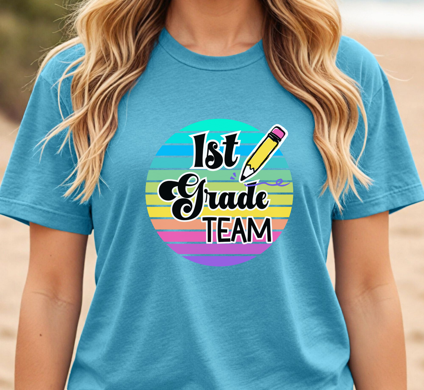 Retro Rainbow First Grade Team Tee, 1st Grade Teacher Shirt, Grade Level Team Tee