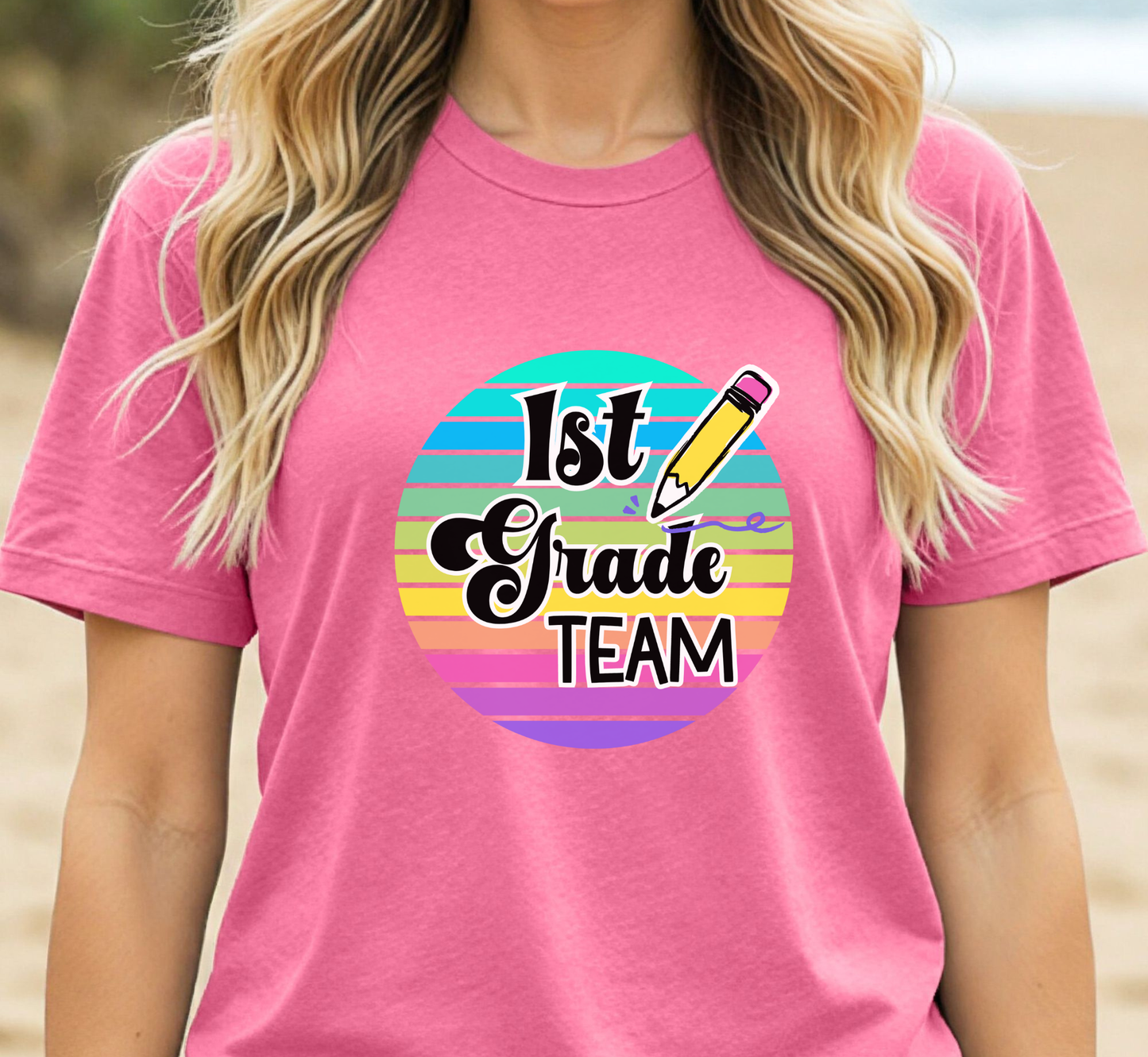 Retro Rainbow First Grade Team Tee, 1st Grade Teacher Shirt, Grade Level Team Tee