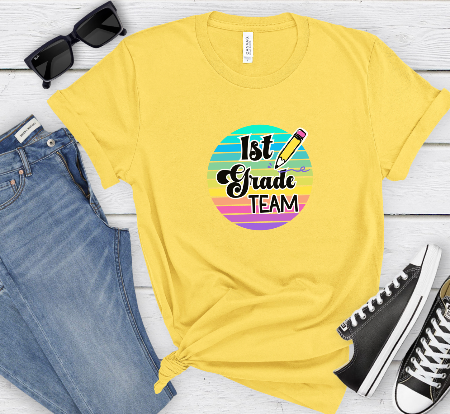 Retro Rainbow First Grade Team Tee, 1st Grade Teacher Shirt, Grade Level Team Tee