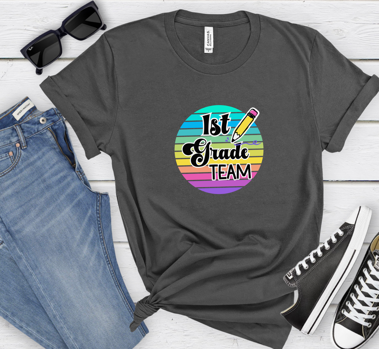Retro Rainbow First Grade Team Tee, 1st Grade Teacher Shirt, Grade Level Team Tee
