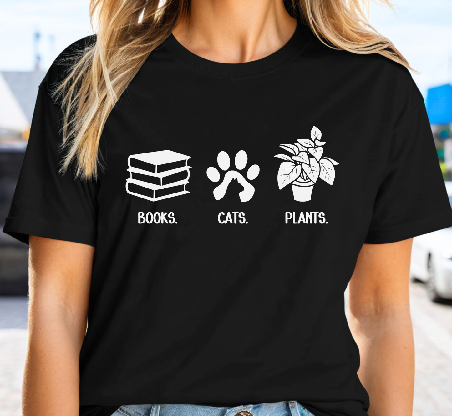 Books Cats Plants T-Shirt, Book Lover Tee, Cat Lover Shirt, Plant Lover Tee