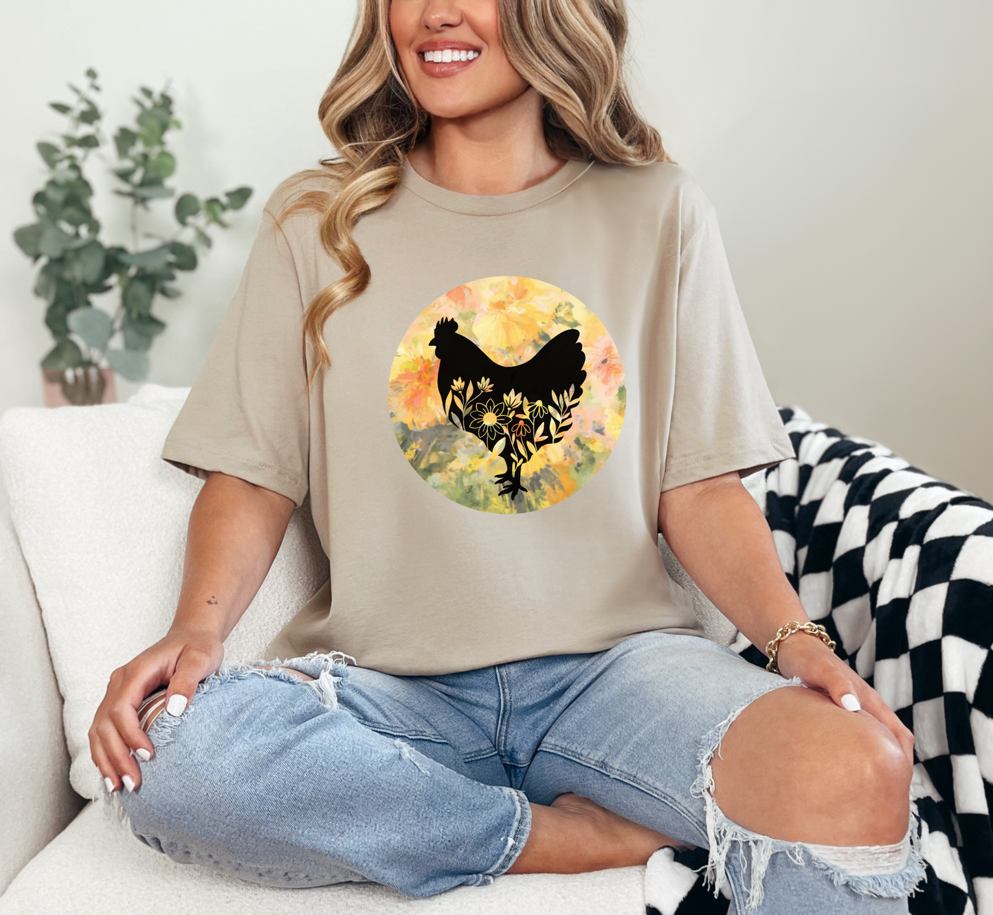 Floral Chicken Silhouette T-Shirt, Chicken Lover Tee, Flower Lover