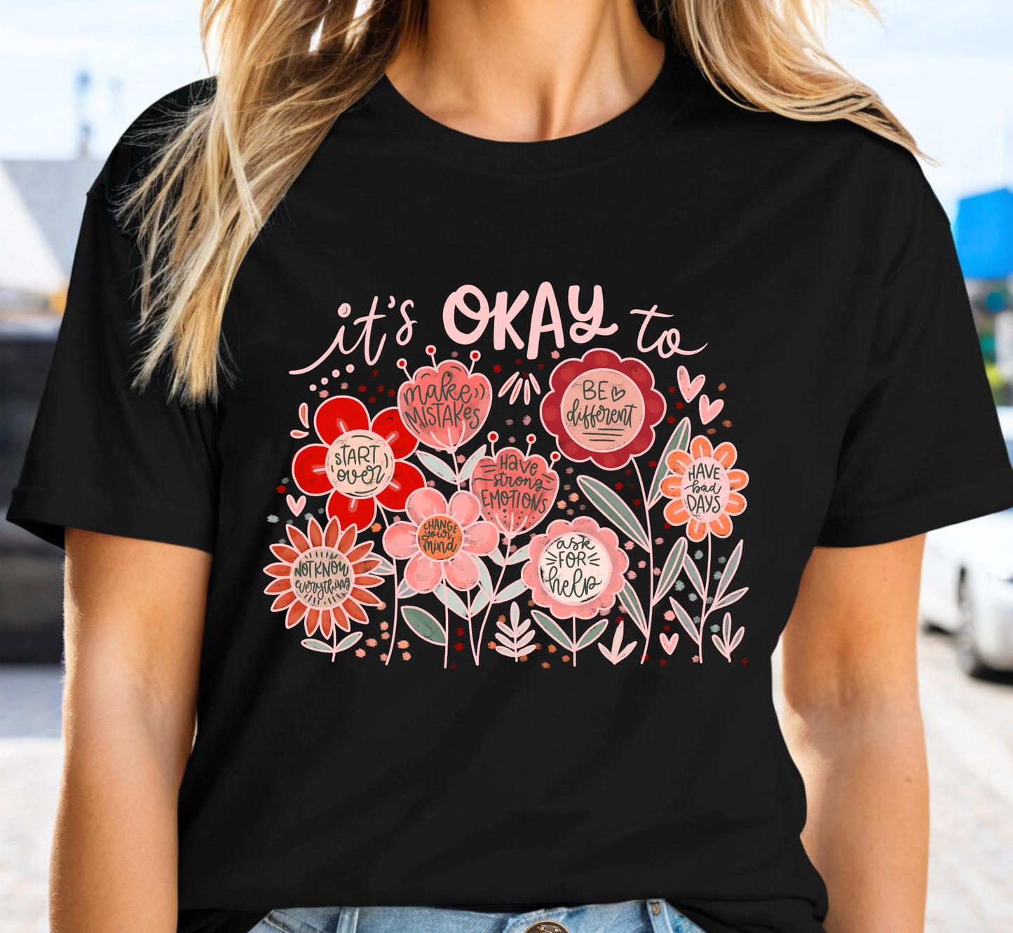It's Okay To... Self-Kindness Boho Floral Tee, Inspirational T-Shirt