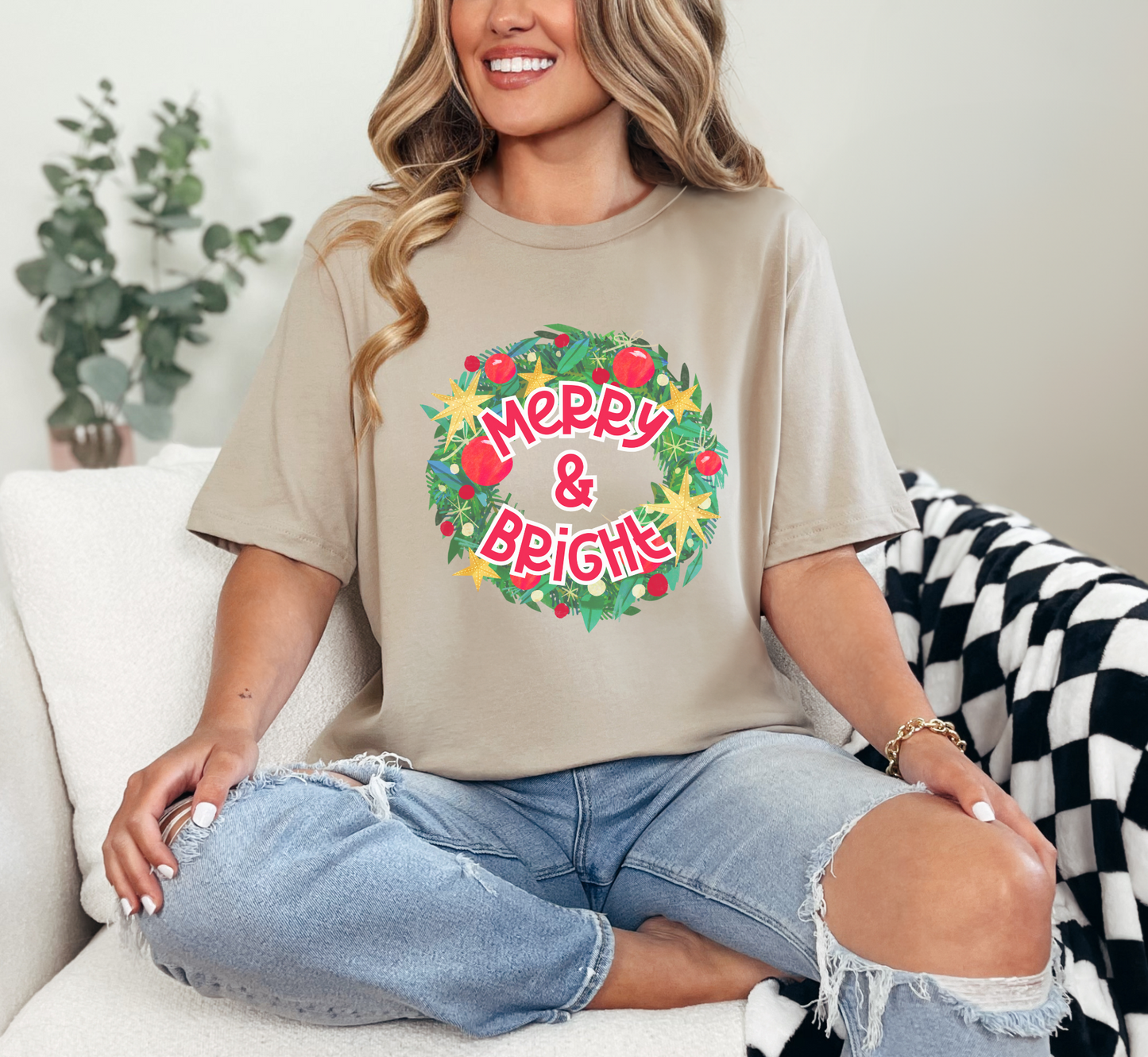 Merry and Bright T-Shirt, Christmas Tee, Holiday Shirt, Cozy Christmas PJ Shirt, Family Christmas Tee
