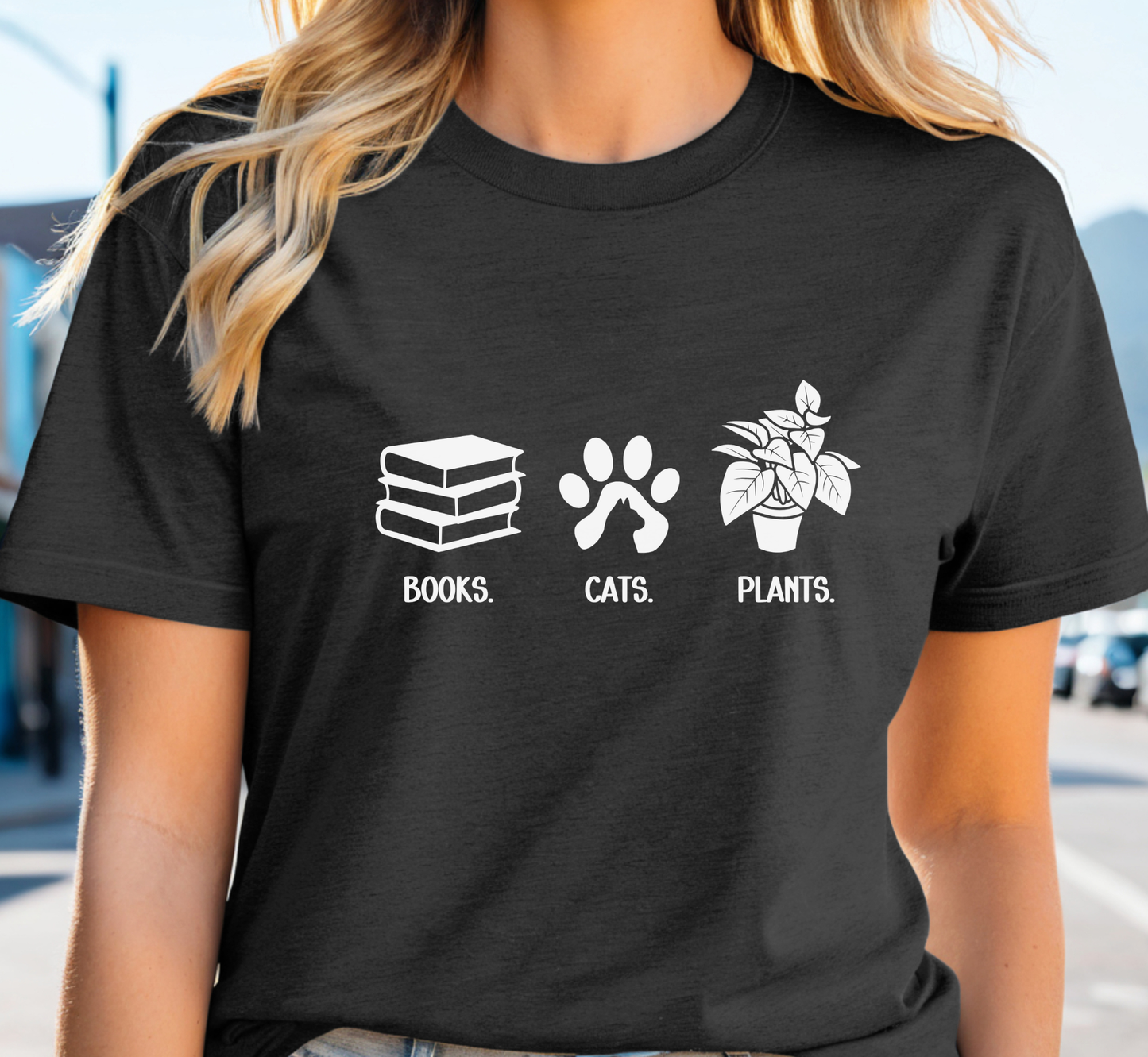 Books Cats Plants T-Shirt, Book Lover Tee, Cat Lover Shirt, Plant Lover Tee