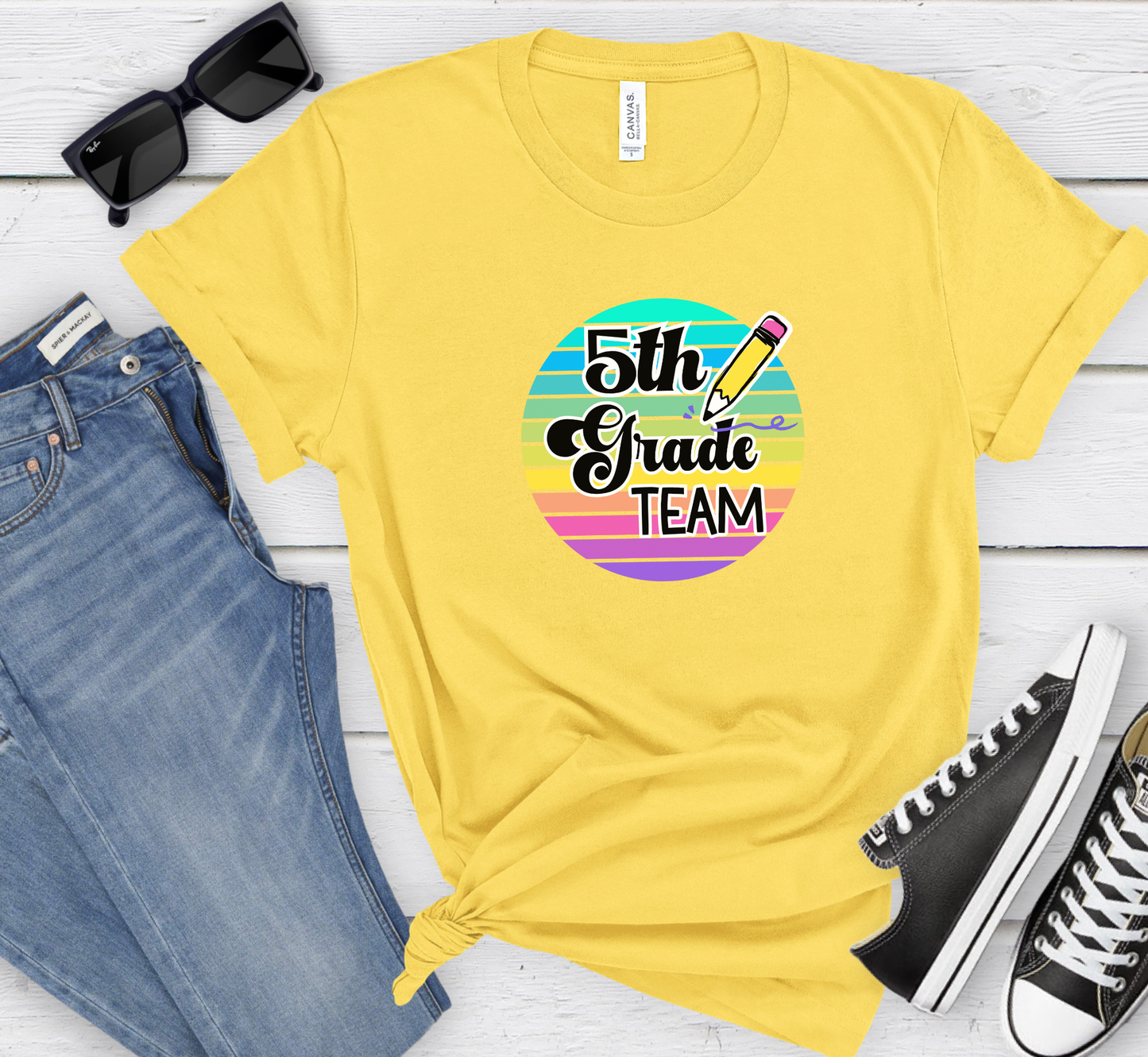 Retro Rainbow Fifth Grade Team Tee, 5th Grade Teacher Shirt, Grade Level Team T-Shirt