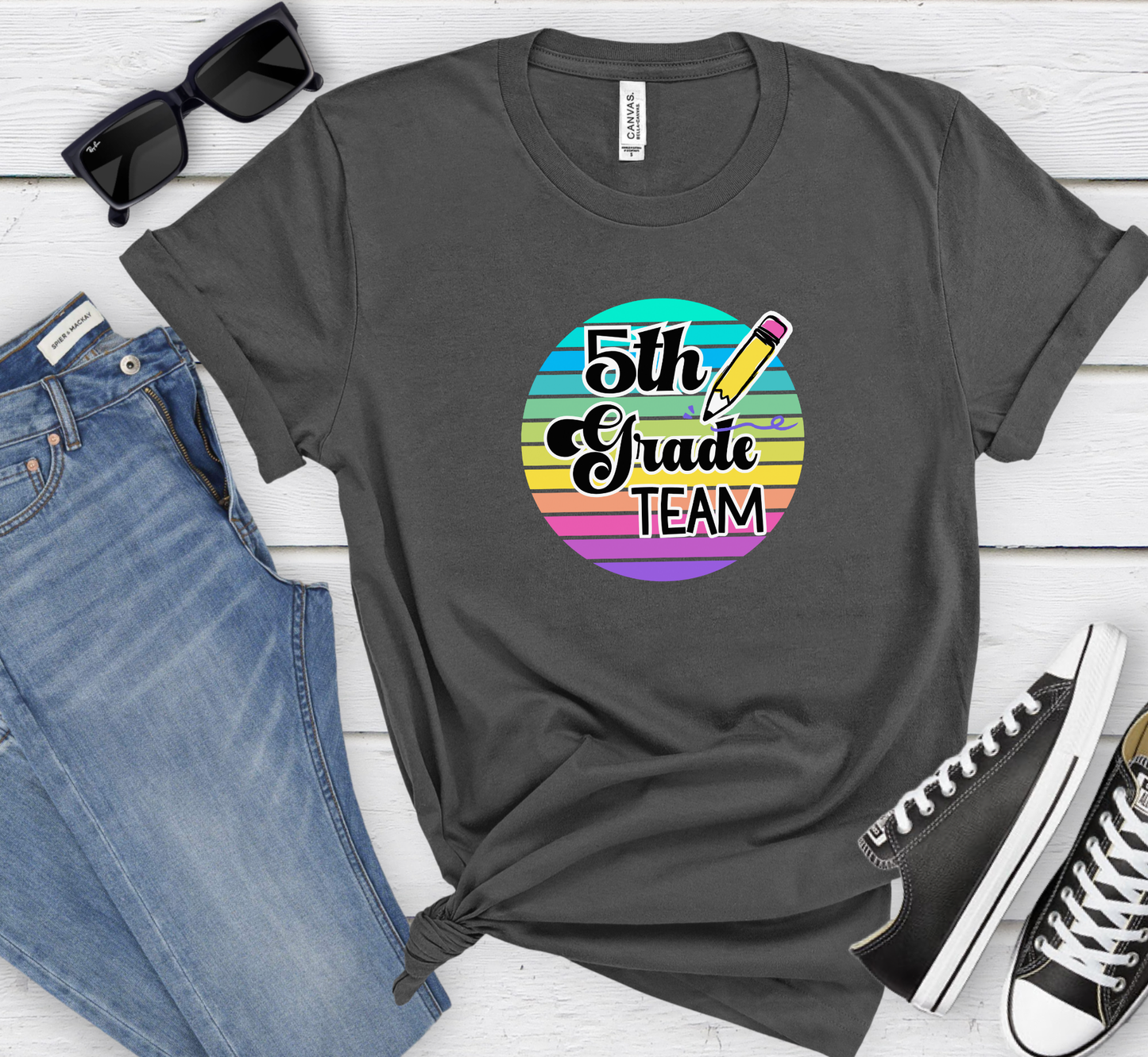 Retro Rainbow Fifth Grade Team Tee, 5th Grade Teacher Shirt, Grade Level Team T-Shirt