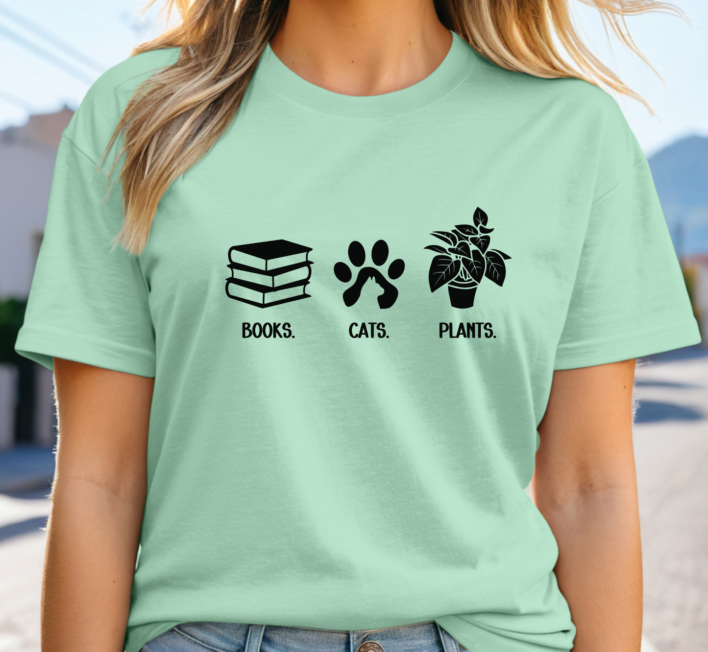 Books Cats Plants T-Shirt, Book Lover Tee, Cat Lover Shirt, Plant Lover Tee